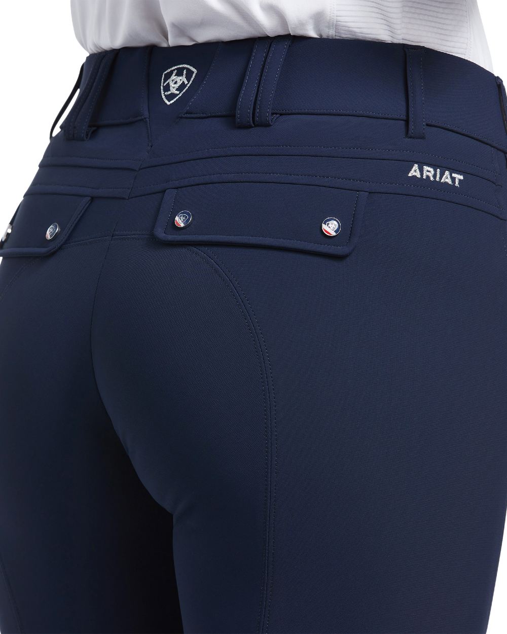 Navy coloured Ariat Womens Halo Denim Full Seat Breech on white background 