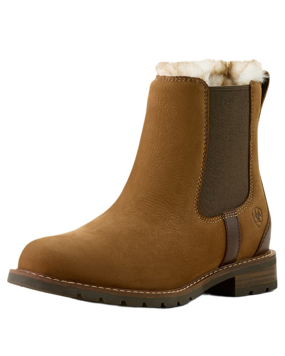 Amber Brown coloured Ariat Womens Wexford Sherpa Waterproof Chelsea Boots on white background 