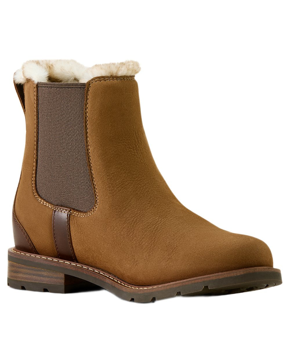 Amber Brown coloured Ariat Womens Wexford Sherpa Waterproof Chelsea Boots on white background 