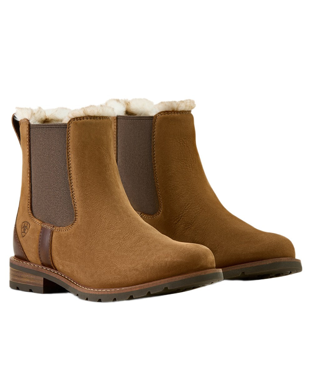 Amber Brown coloured Ariat Womens Wexford Sherpa Waterproof Chelsea Boots on white background 