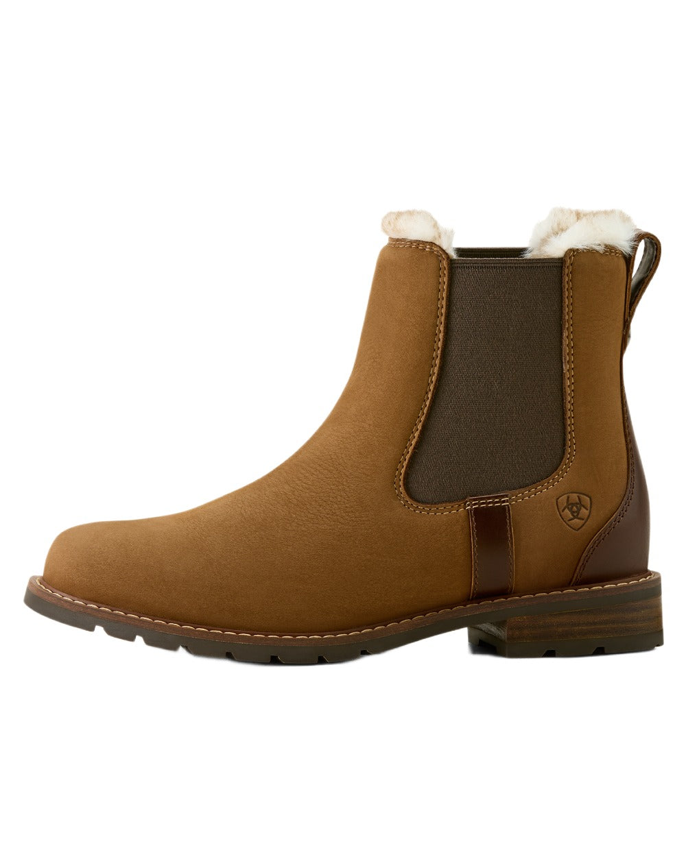Amber Brown coloured Ariat Womens Wexford Sherpa Waterproof Chelsea Boots on white background 