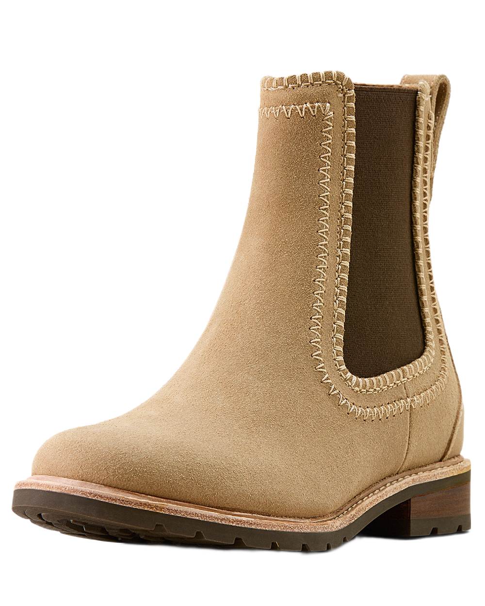 Camel Suede coloured Ariat Womens Wexford Whipstitch Chelsea Boots on white background 