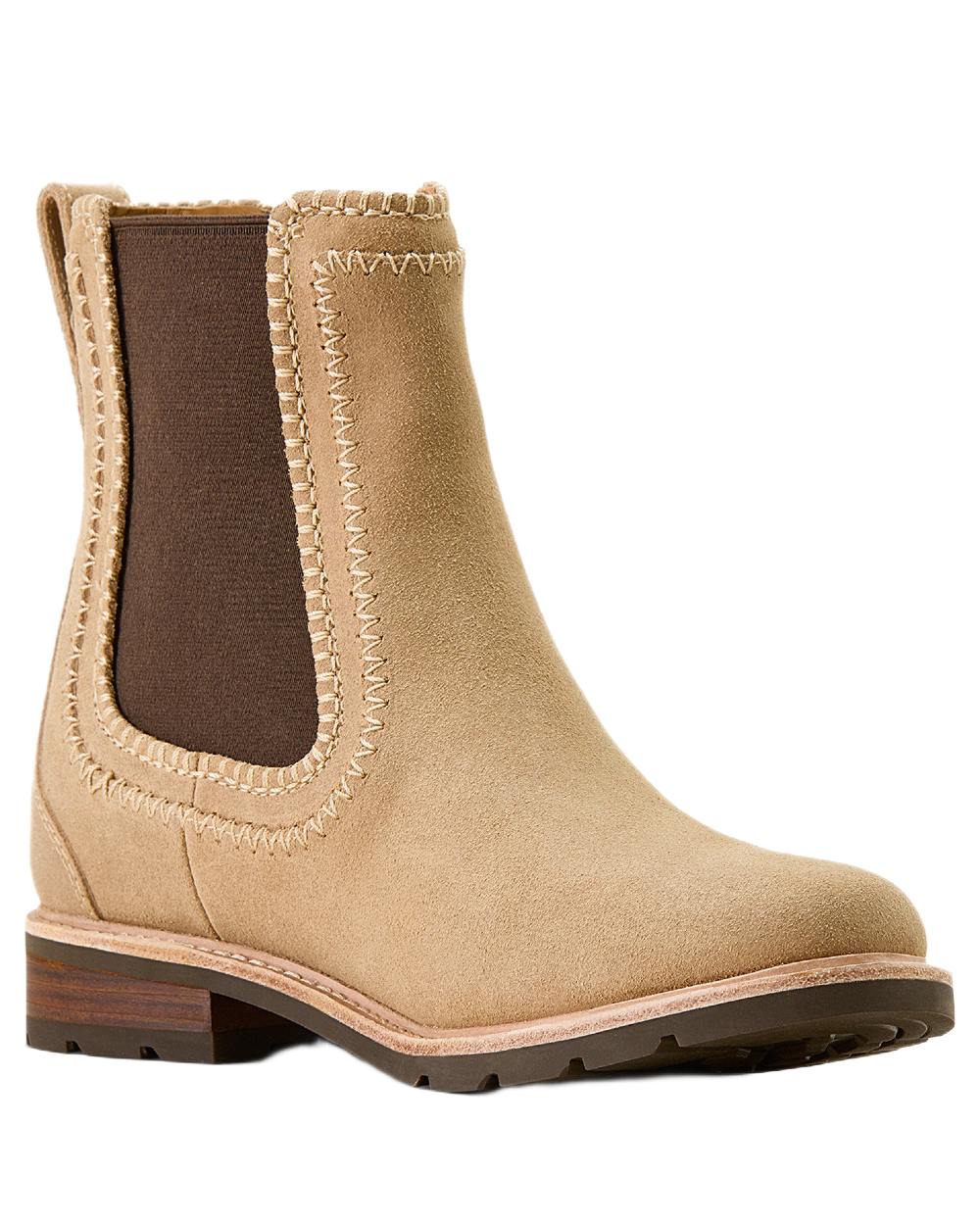 Camel Suede coloured Ariat Womens Wexford Whipstitch Chelsea Boots on white background 
