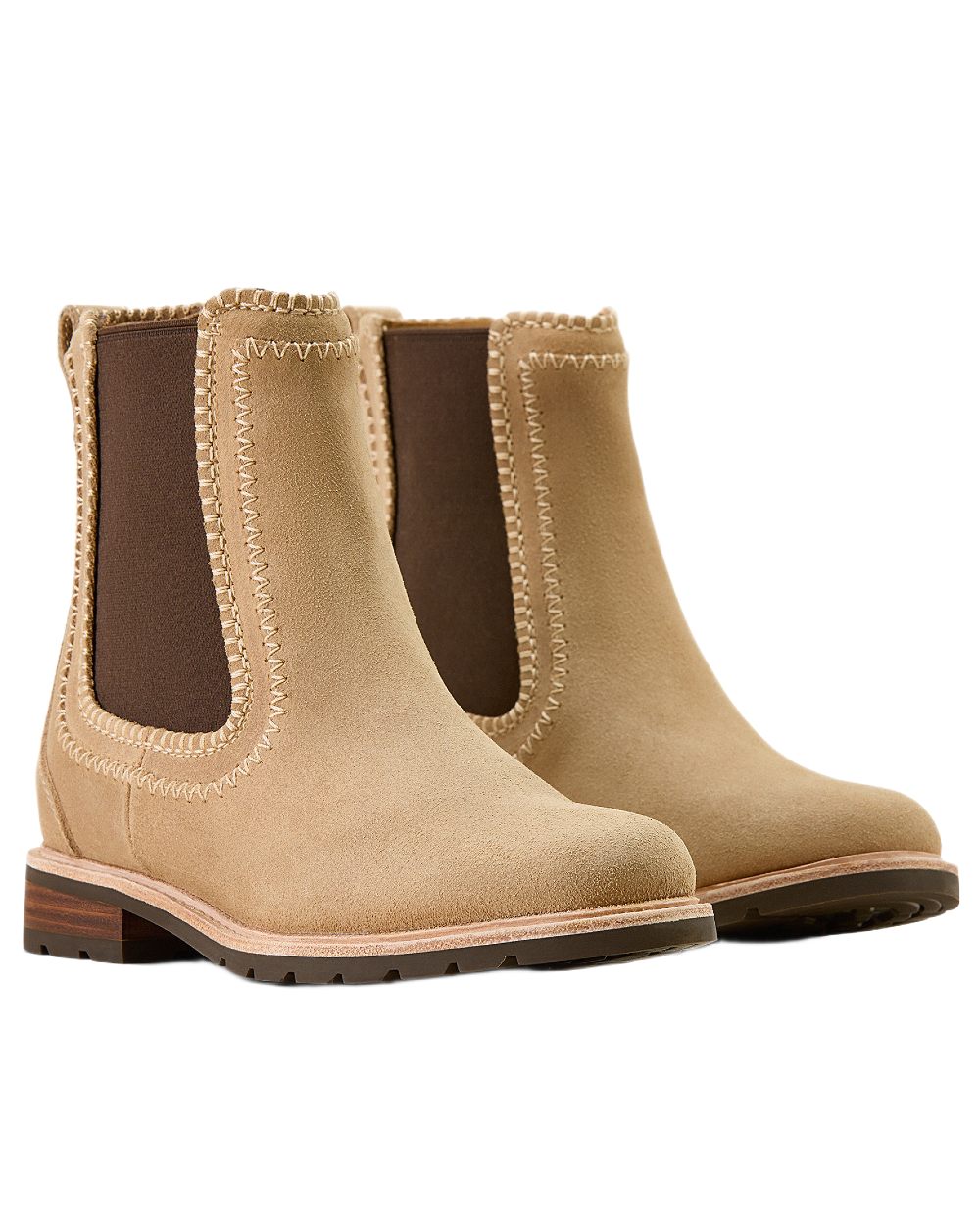 Camel Suede coloured Ariat Womens Wexford Whipstitch Chelsea Boots on white background 
