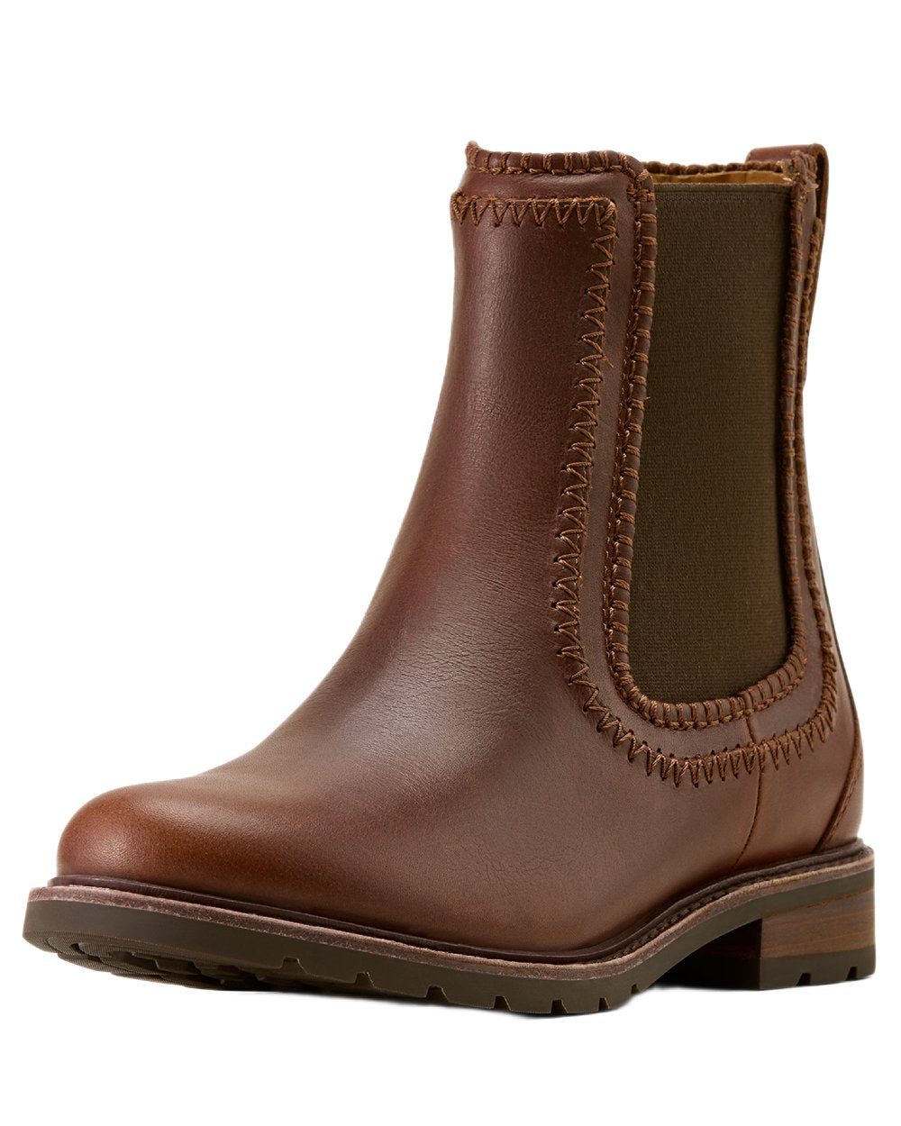 Deep Cognac coloured Ariat Womens Wexford Whipstitch Chelsea Boots on white background 