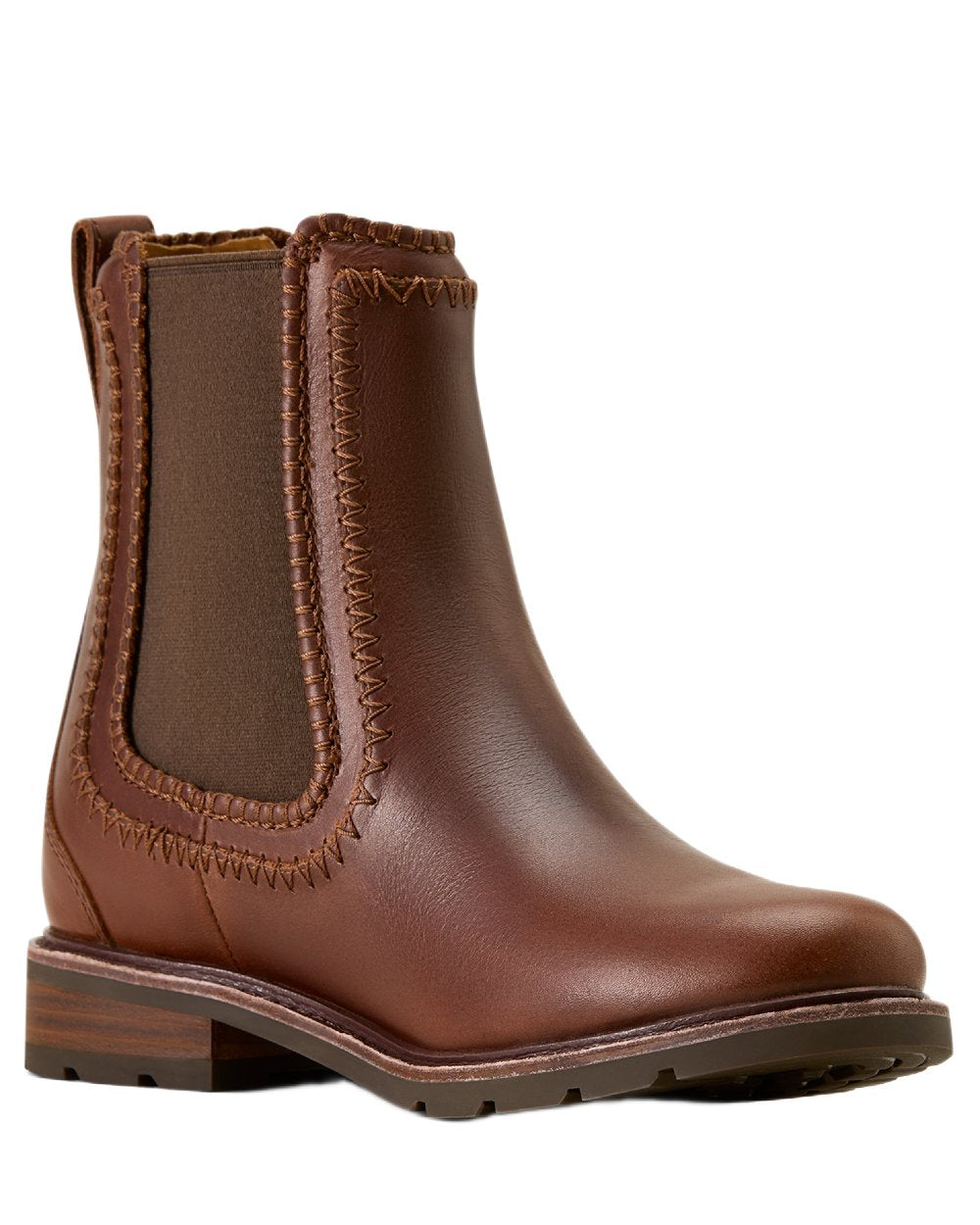 Deep Cognac coloured Ariat Womens Wexford Whipstitch Chelsea Boots on white background 