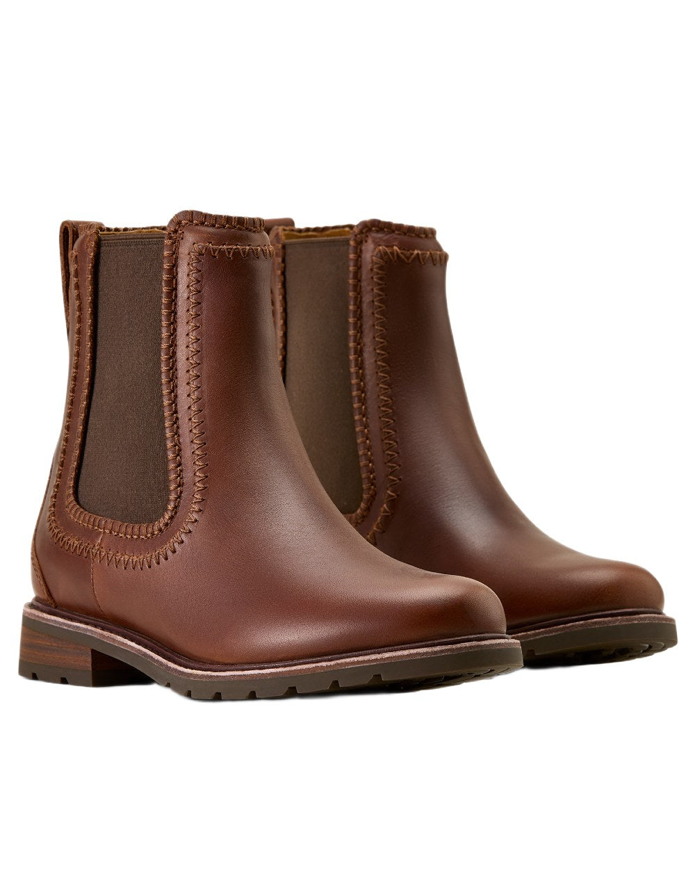 Deep Cognac coloured Ariat Womens Wexford Whipstitch Chelsea Boots on white background 