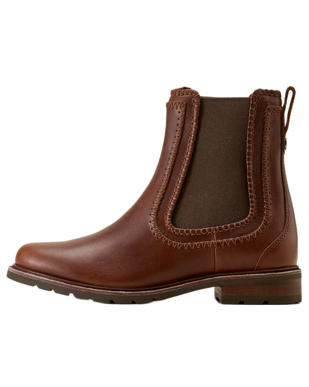 Deep Cognac coloured Ariat Womens Wexford Whipstitch Chelsea Boots on white background 