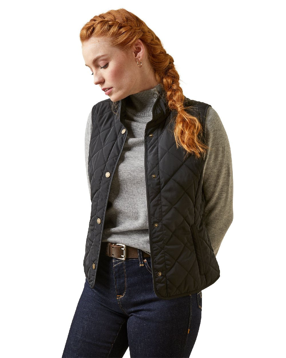 Black Coloured Ariat Womens Woodside Quilted Gilet on white background 