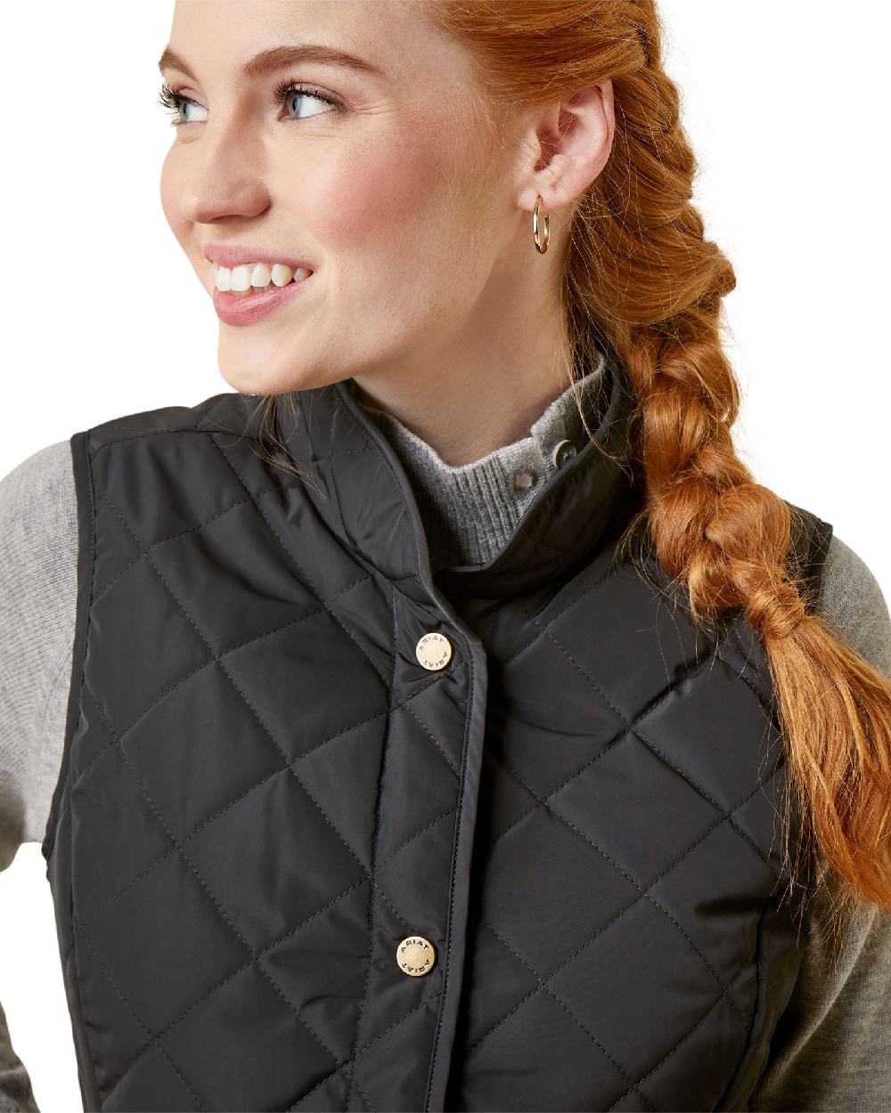 Black Coloured Ariat Womens Woodside Quilted Gilet on white background 