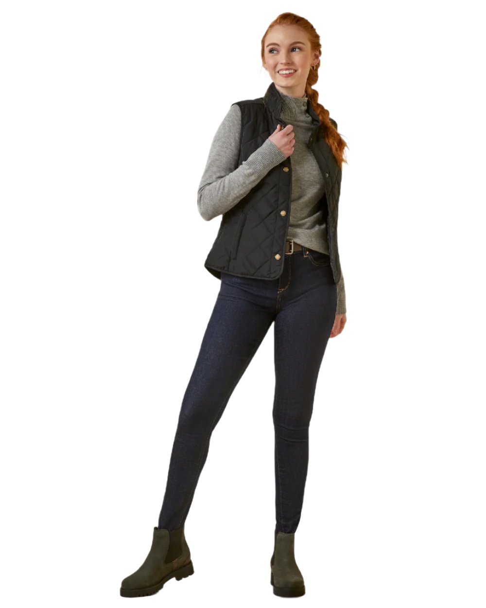 Black Coloured Ariat Womens Woodside Quilted Gilet on white background 