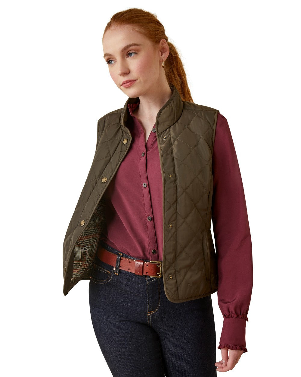 Earth Coloured Ariat Womens Woodside Quilted Gilet on white background 