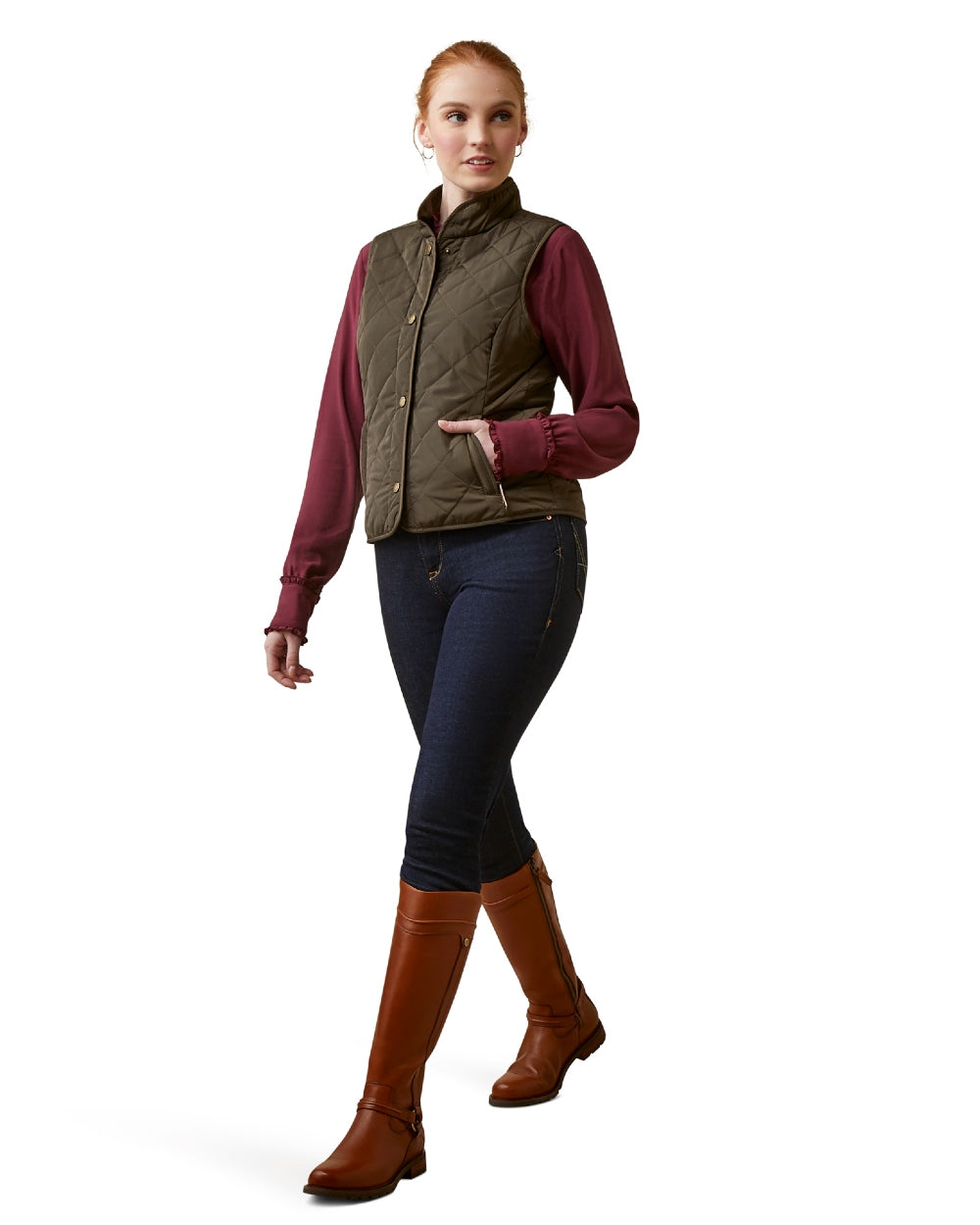 Earth Coloured Ariat Womens Woodside Quilted Gilet on white background 