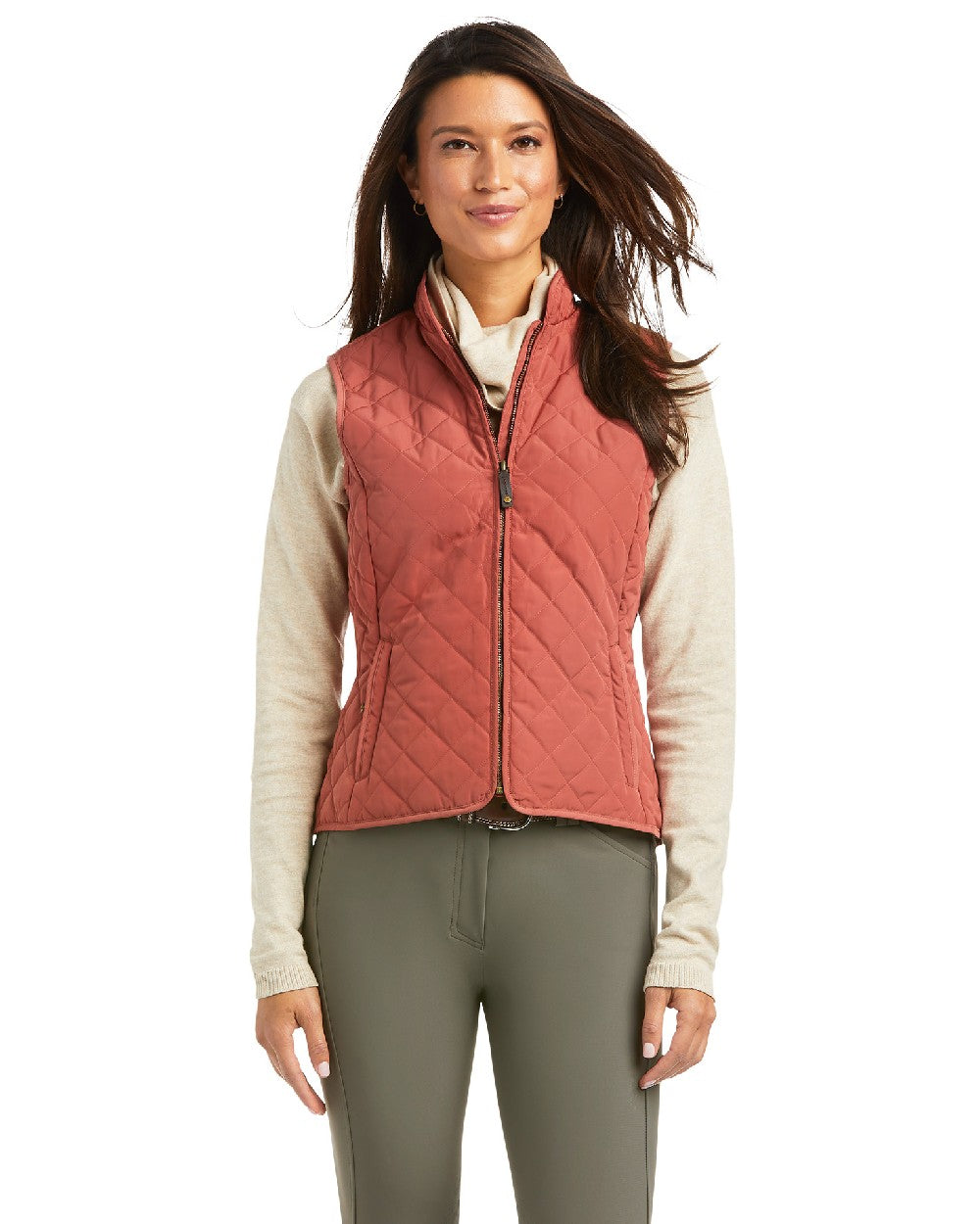Marsala Coloured Ariat Womens Woodside Quilted Gilet on white background 
