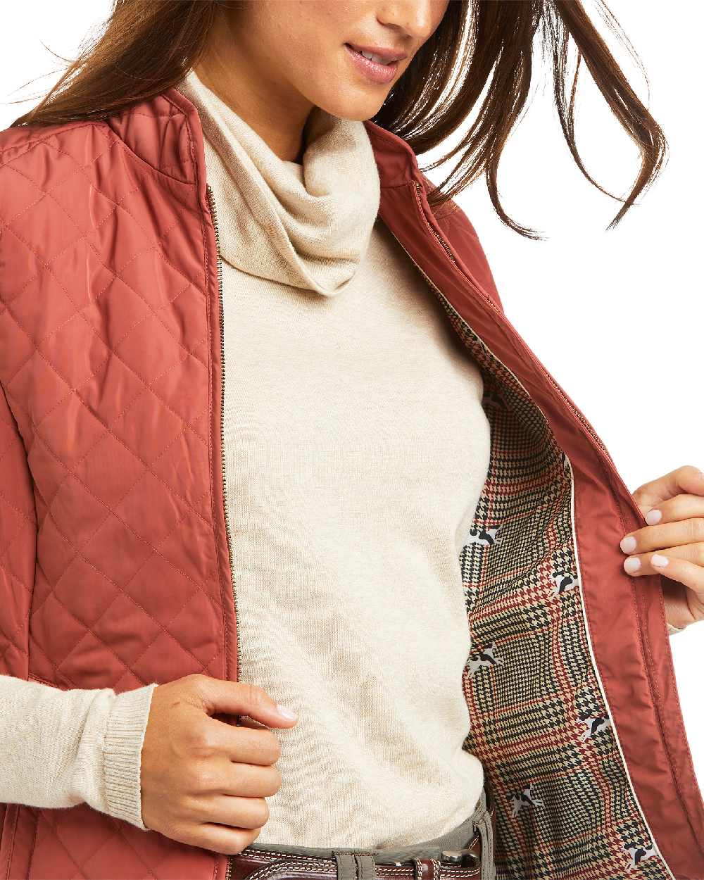 Marsala Coloured Ariat Womens Woodside Quilted Gilet on white background 