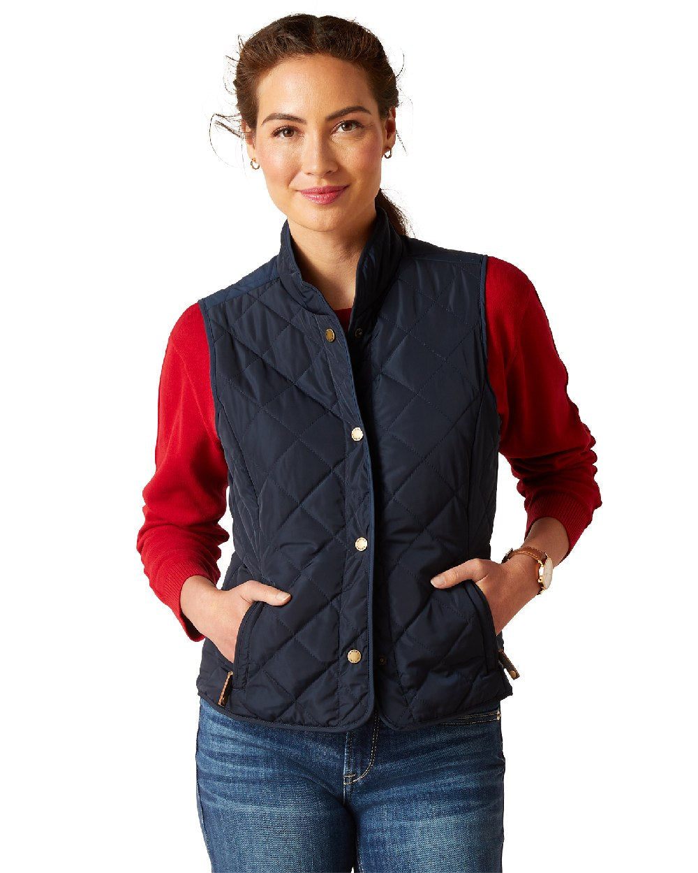 Navy Coloured Ariat Womens Woodside Quilted Gilet on white background 