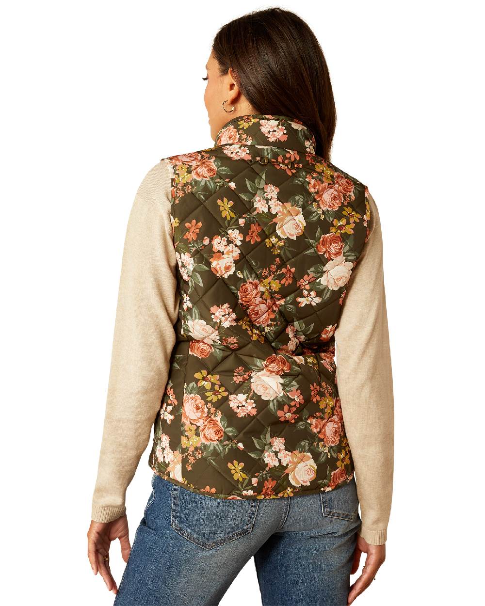 Rosegarden Print Coloured Ariat Womens Woodside Quilted Gilet on white background 