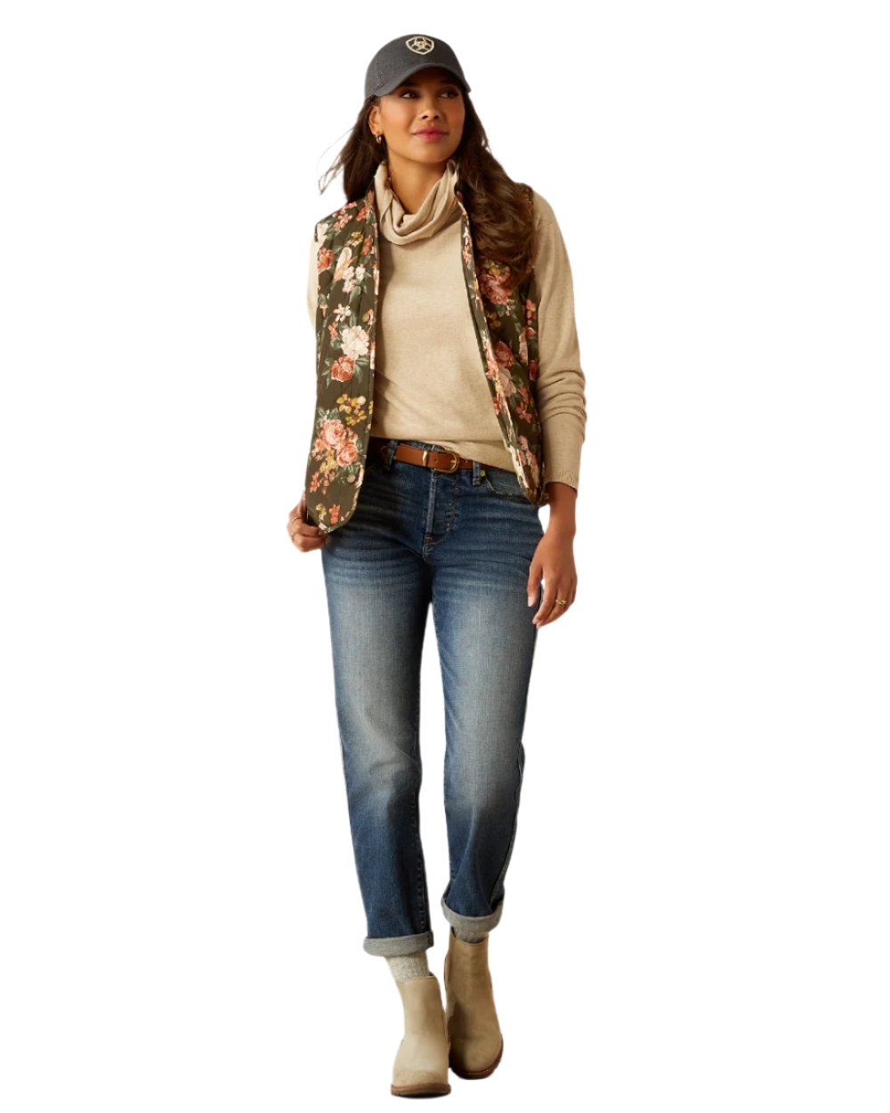 Rosegarden Print Coloured Ariat Womens Woodside Quilted Gilet on white background 