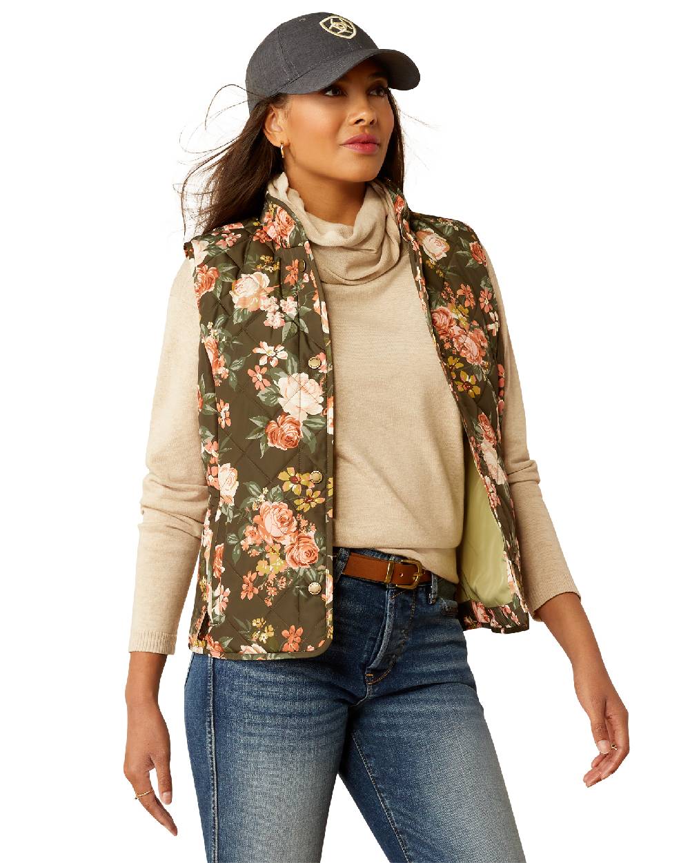 Rosegarden Print Coloured Ariat Womens Woodside Quilted Gilet on white background 