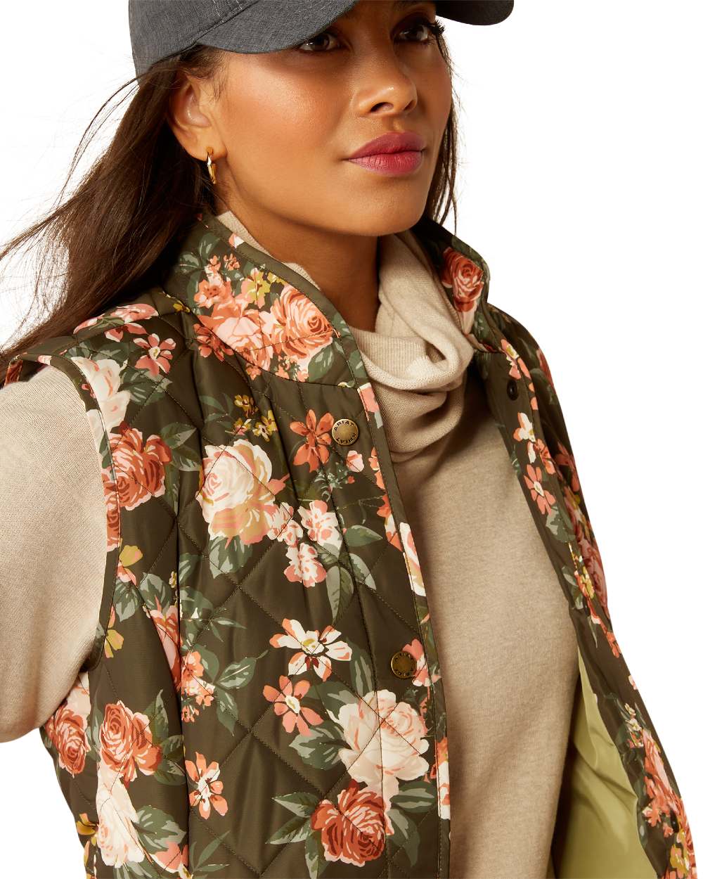 Rosegarden Print Coloured Ariat Womens Woodside Quilted Gilet on white background 
