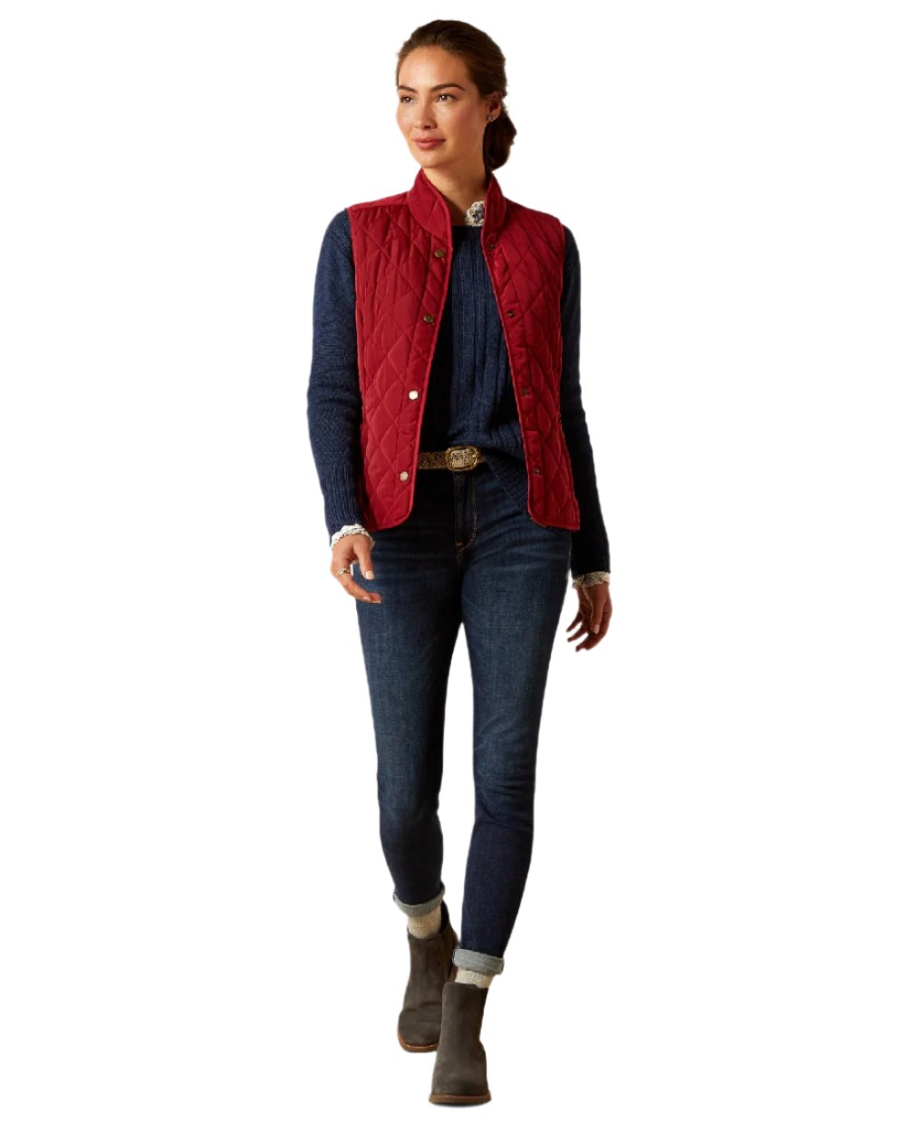 Rubaiyat Coloured Ariat Womens Woodside Quilted Gilet on white background 