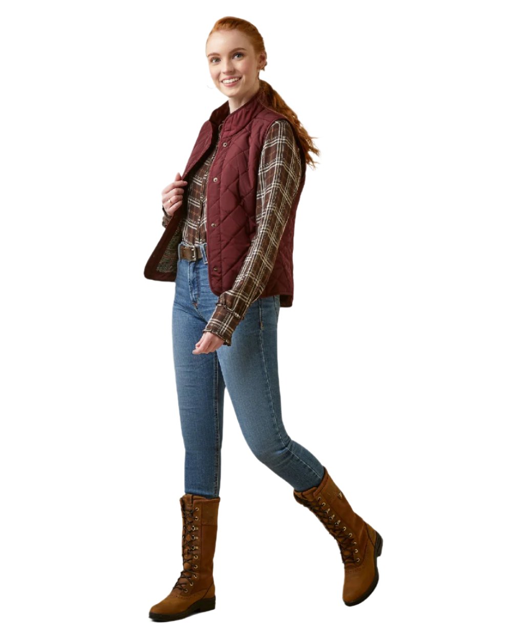Tawny Port Coloured Ariat Womens Woodside Quilted Gilet on white background 
