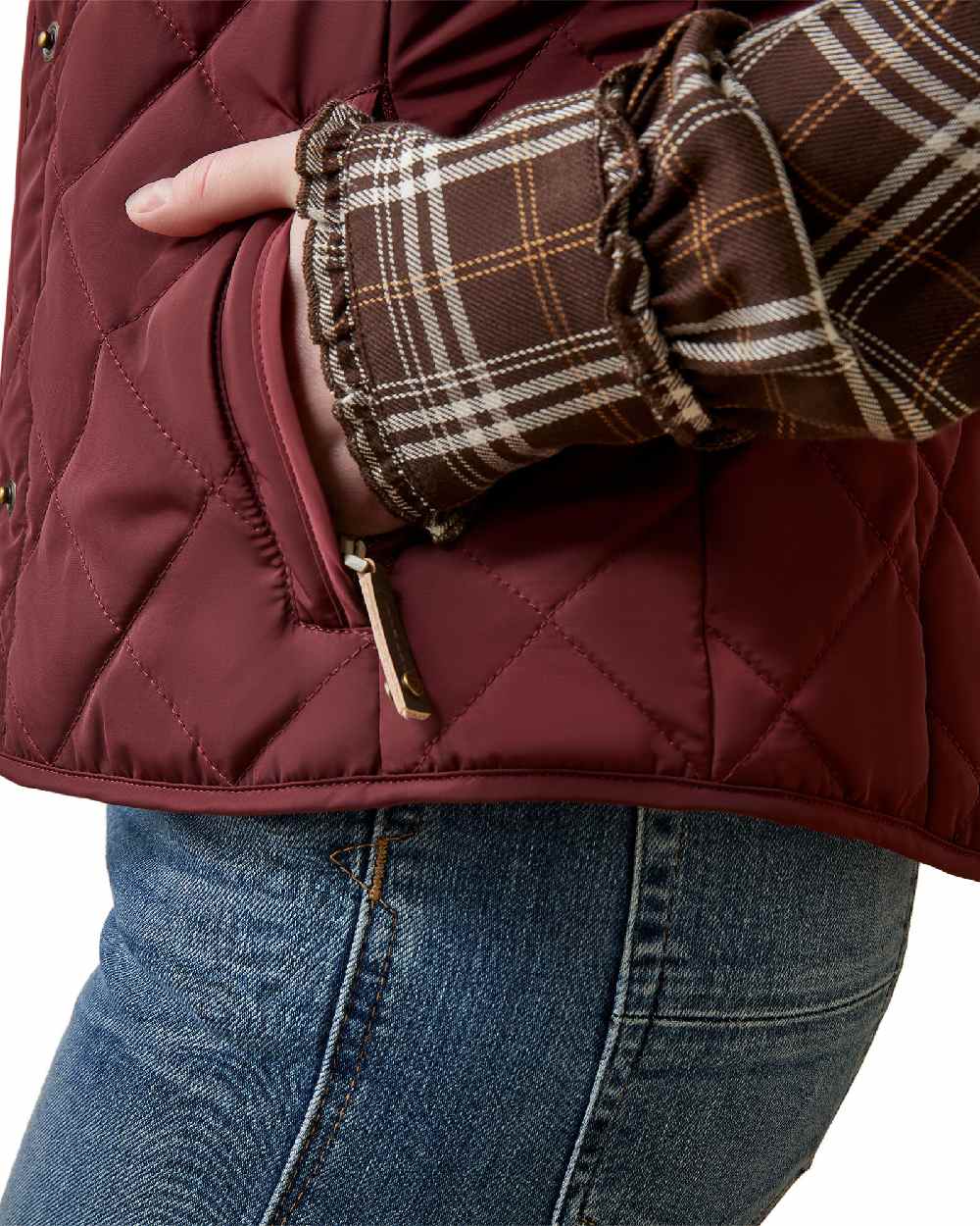 Tawny Port Coloured Ariat Womens Woodside Quilted Gilet on white background 