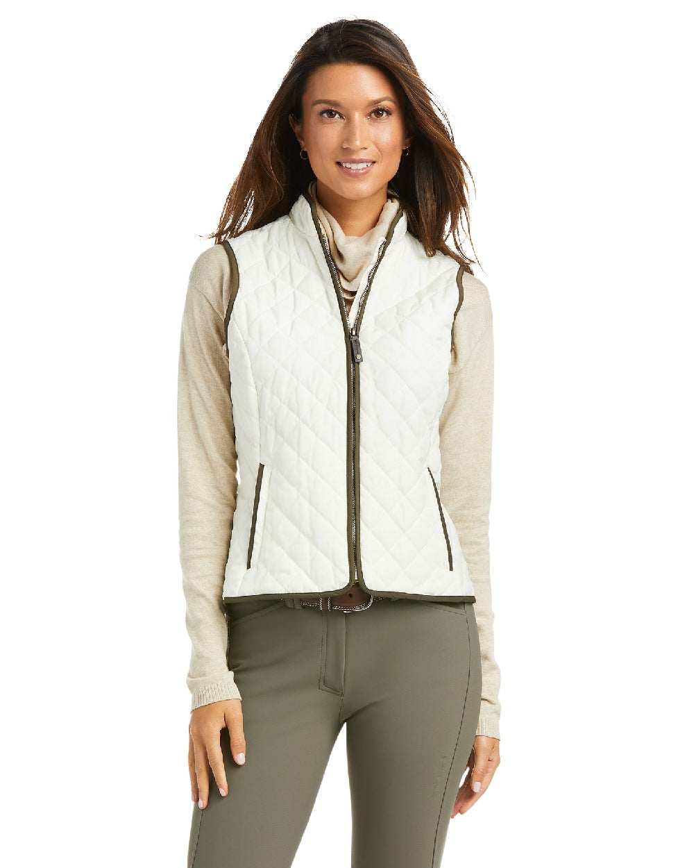 Vanilla Ice Coloured Ariat Womens Woodside Quilted Gilet on white background 