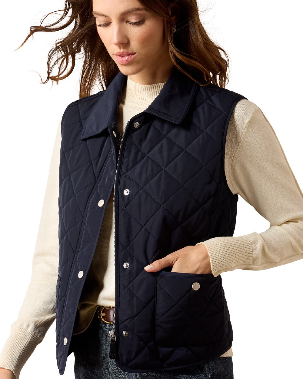 Snow Navy coloured Ariat Womans Woodgate Vest on white background 