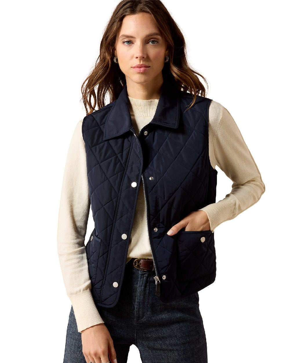 Snow Navy coloured Ariat Womans Woodgate Vest on white background 