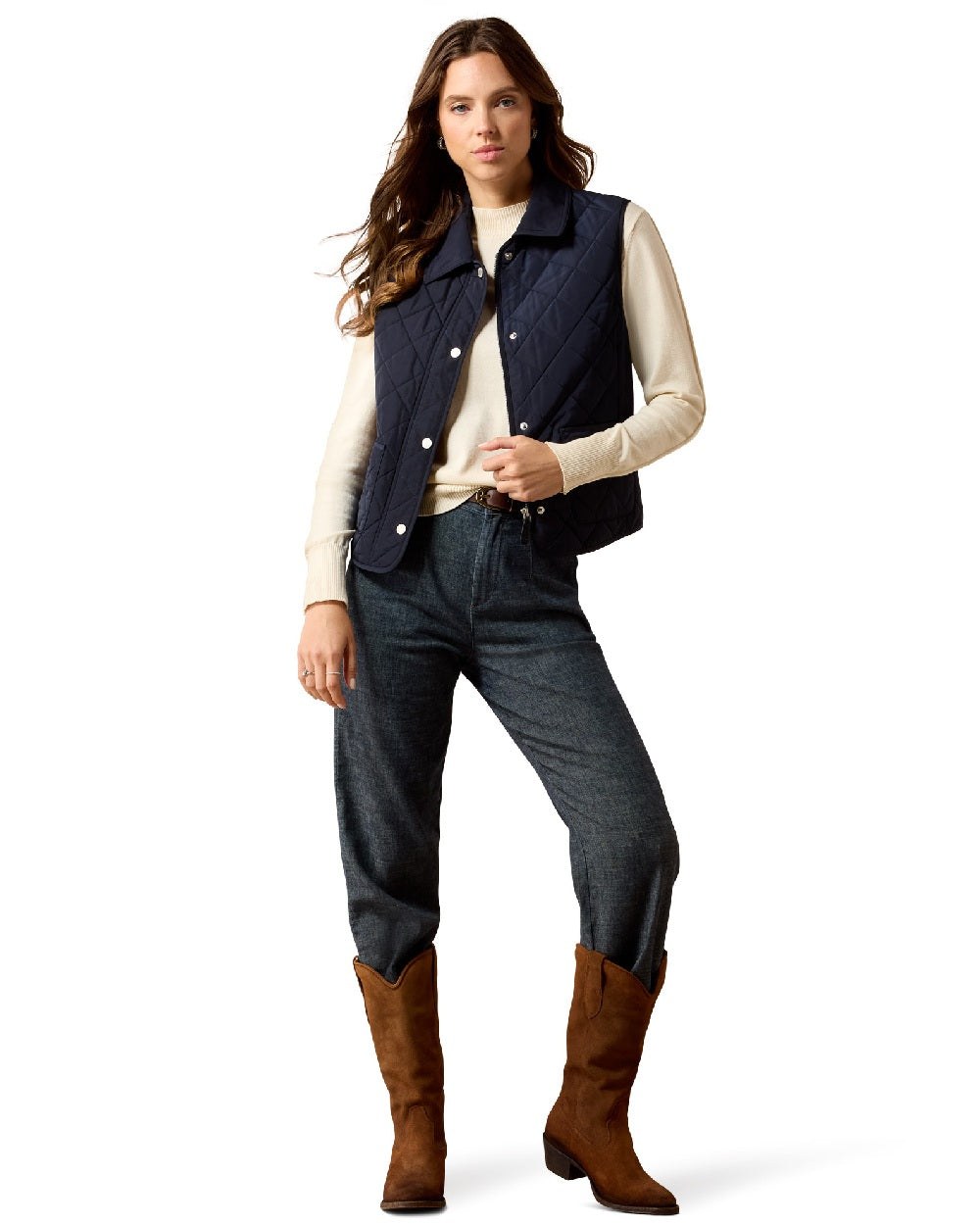 Snow Navy coloured Ariat Womans Woodgate Vest on white background 