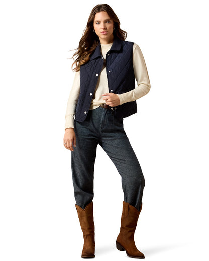 Snow Navy coloured Ariat Womans Woodgate Vest on white background 