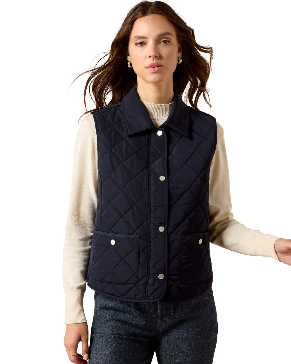 Snow Navy coloured Ariat Womans Woodgate Vest on white background 