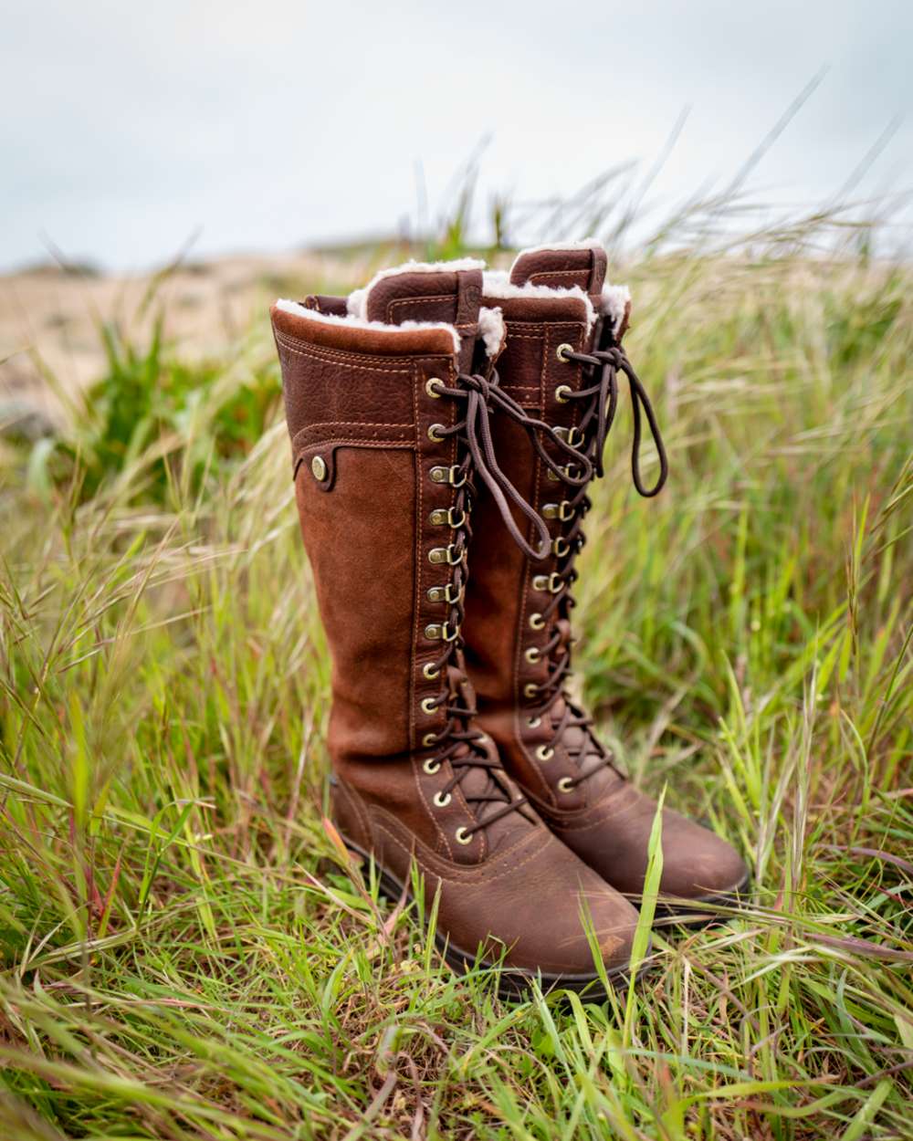 Dark Brown Coloured Ariat Wythburn Tall Waterproof Boots On A Countryside Background 