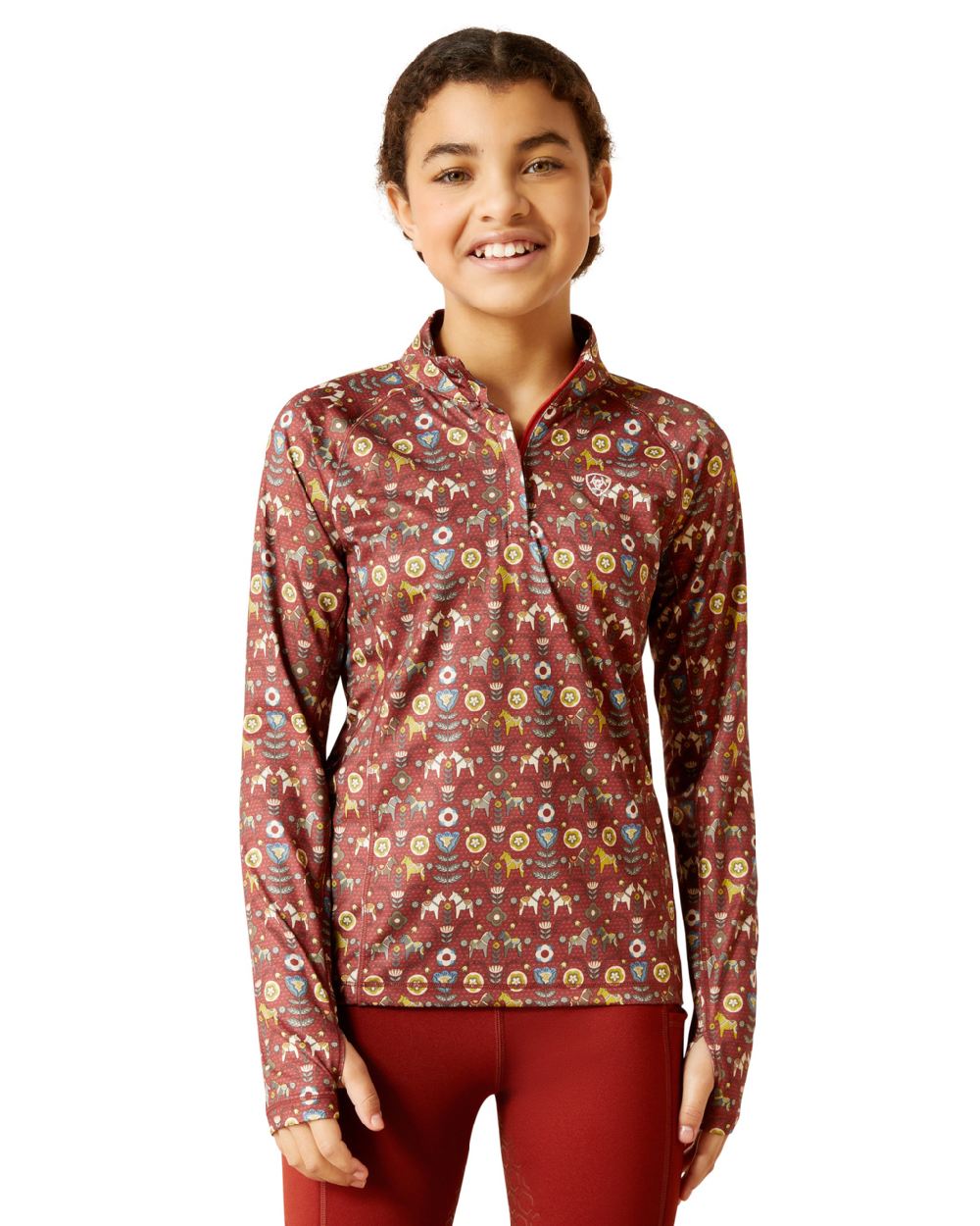 Ariat Childrens Lowell 2.0 1/4 Zip Base Layer in Red Ochre Dala Horse 