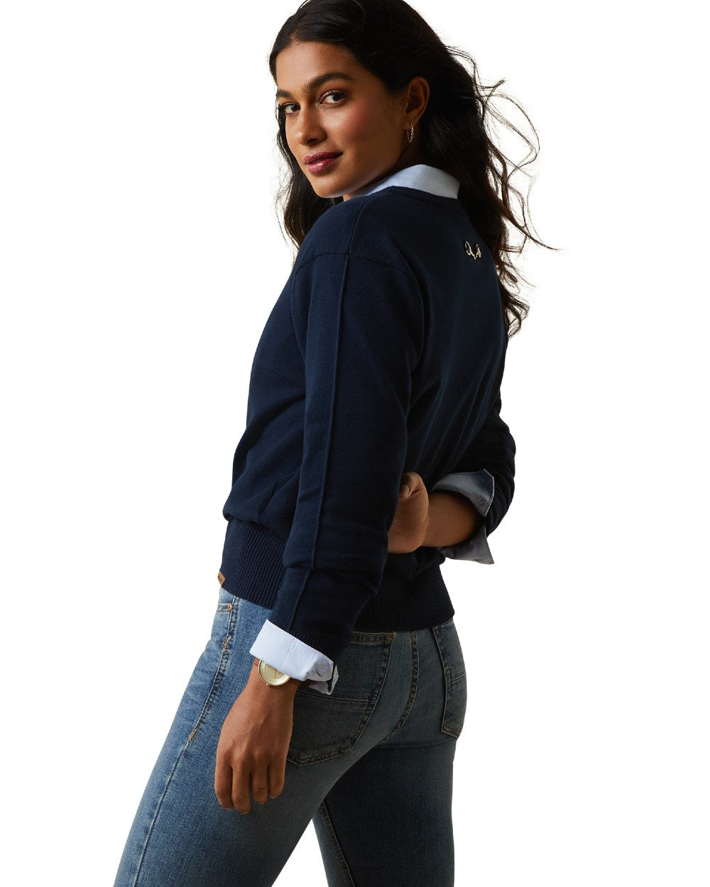 Navy Coloured Ariat Womens Peninsula Sweater On A White Background 