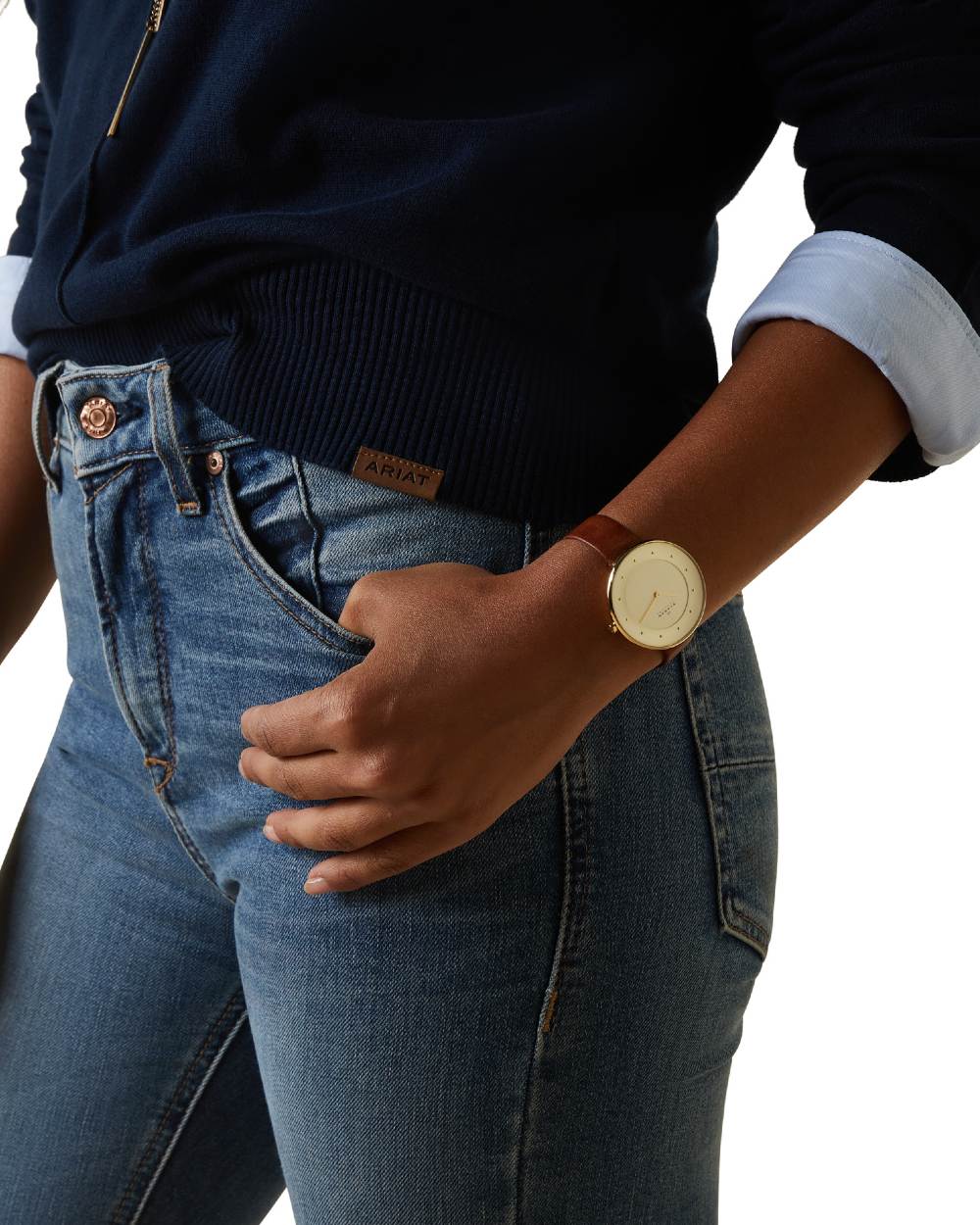 Navy Coloured Ariat Womens Peninsula Sweater On A White Background 