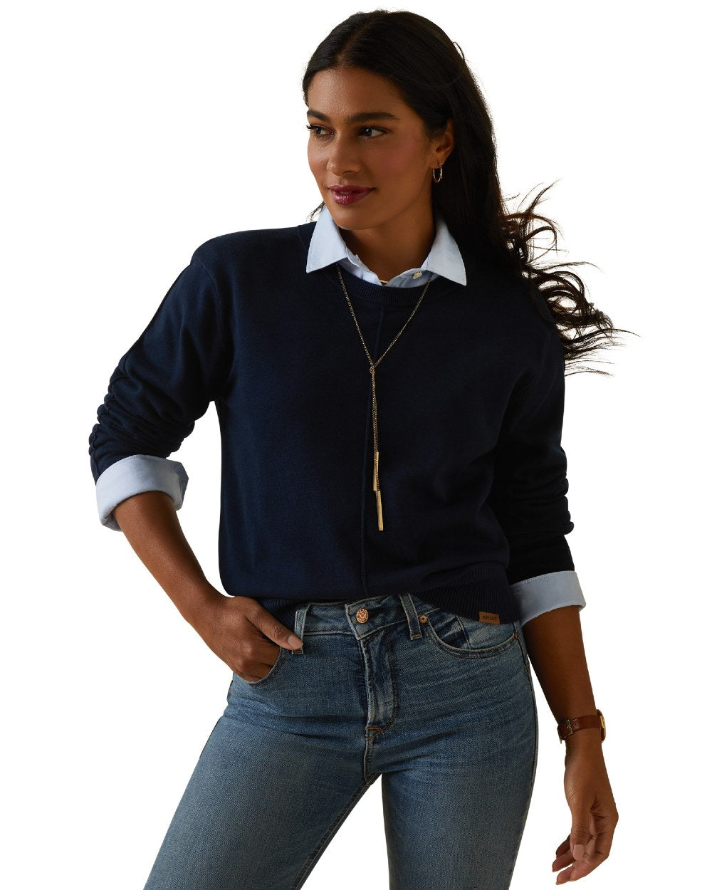 Navy Coloured Ariat Womens Peninsula Sweater On A White Background 