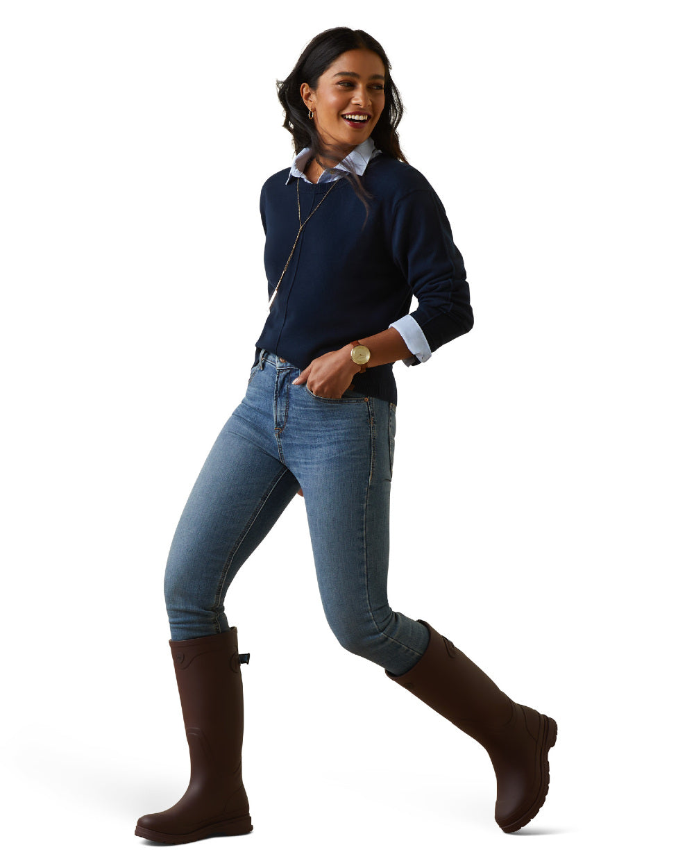 Navy Coloured Ariat Womens Peninsula Sweater On A White Background 