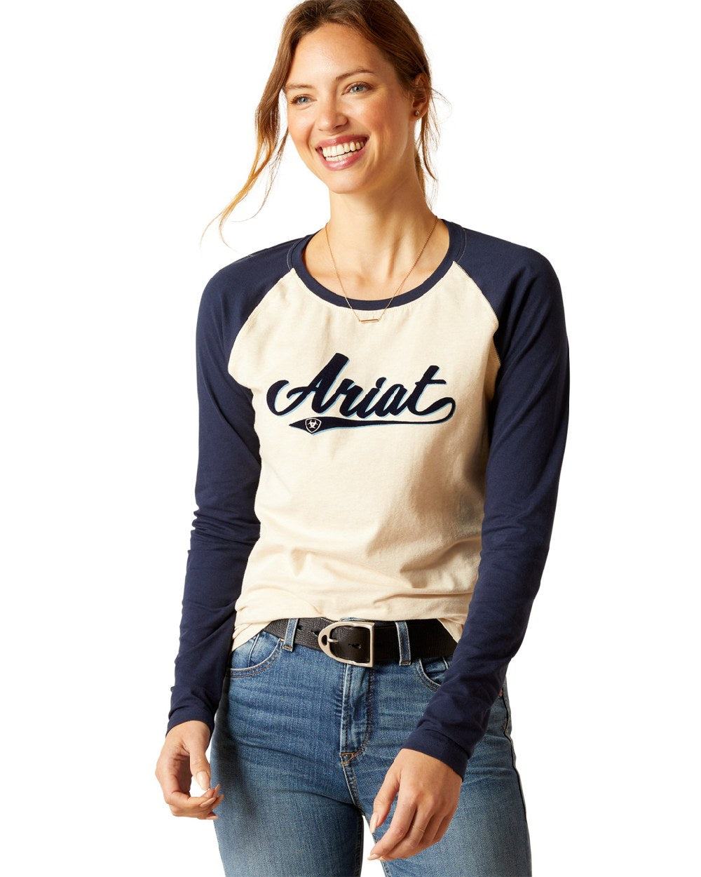 Ariat Womens Starter Long Sleeve T-Shirt in Oatmeal Heather/Navy