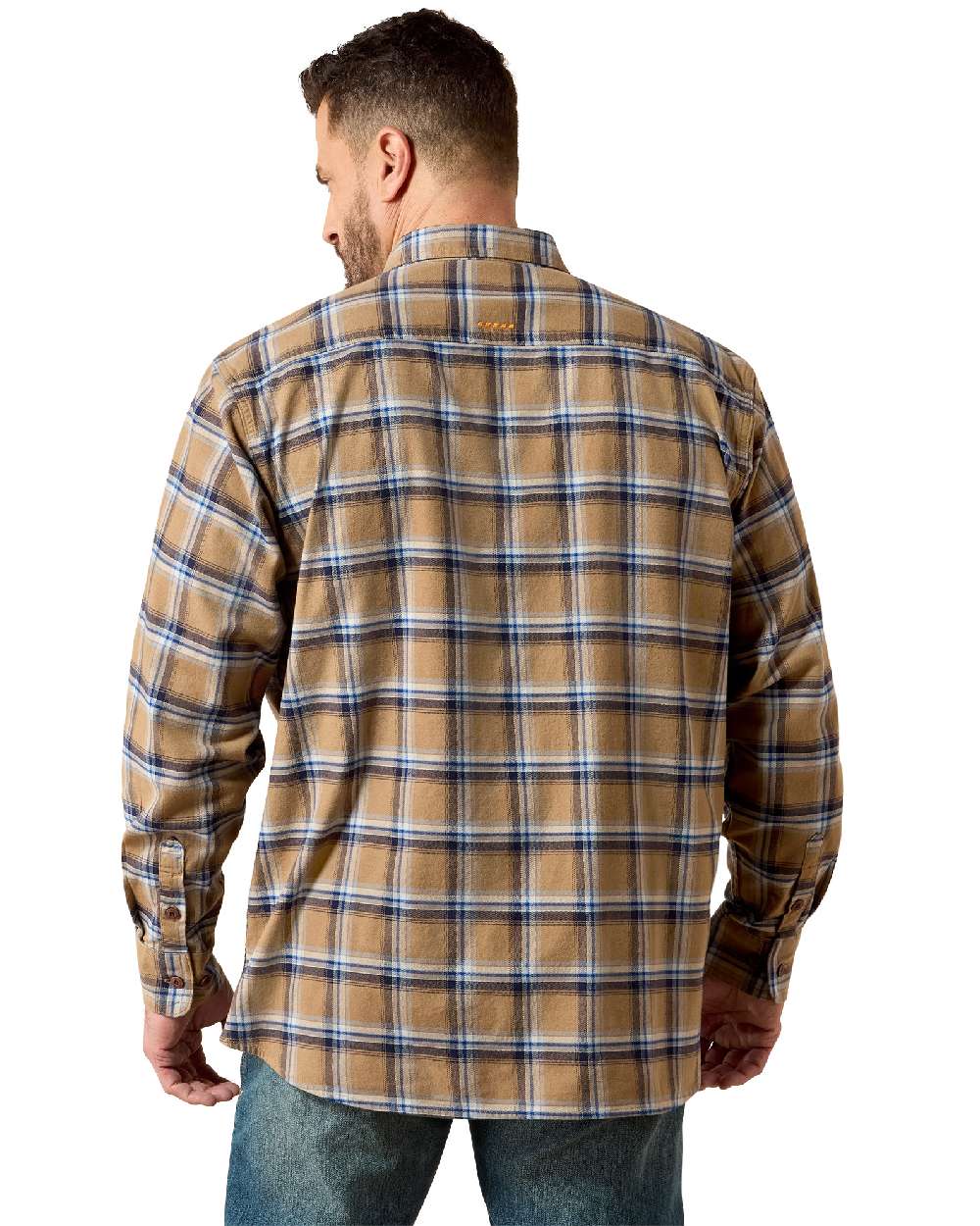 Field Khaki coloured Ariat Mens Rebar Flannel Durastretch Long Sleeves Work Shirt on white background 