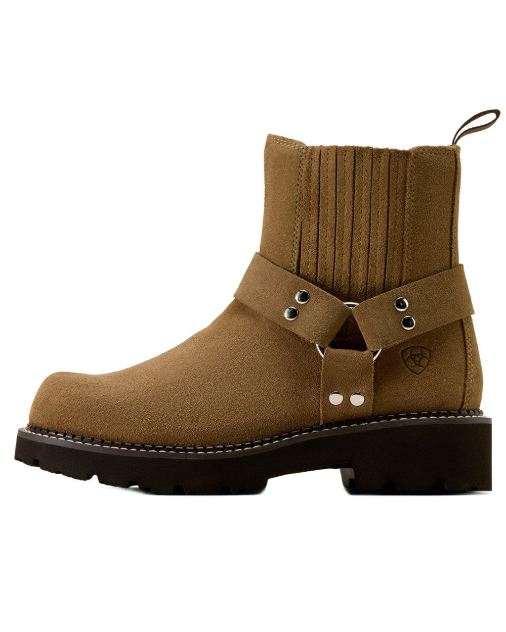 Tan Suede coloured Ariat Womens Fatbaby Chelsea Harness Western Boots on white background 
