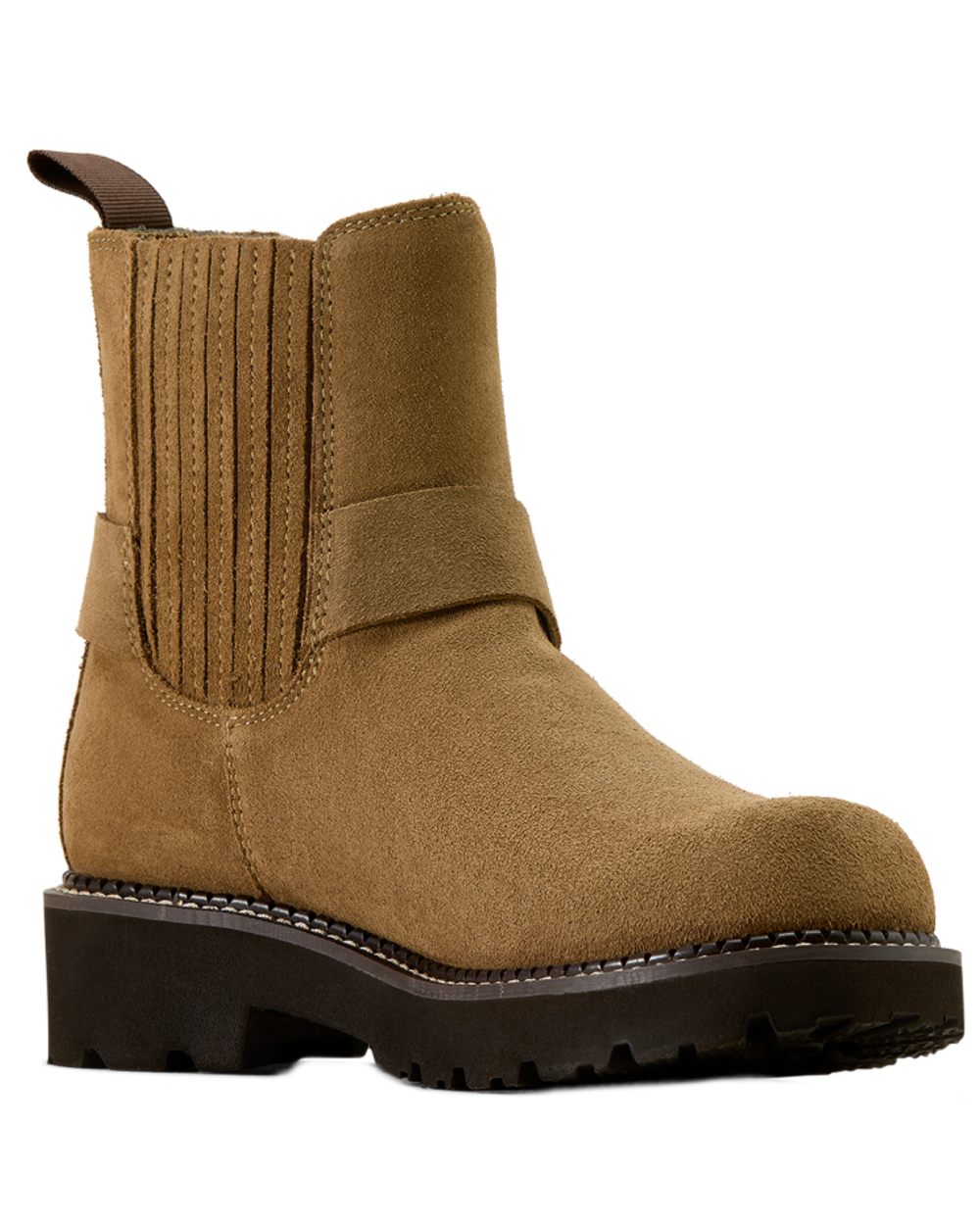 Tan Suede coloured Ariat Womens Fatbaby Chelsea Harness Western Boots on white background 