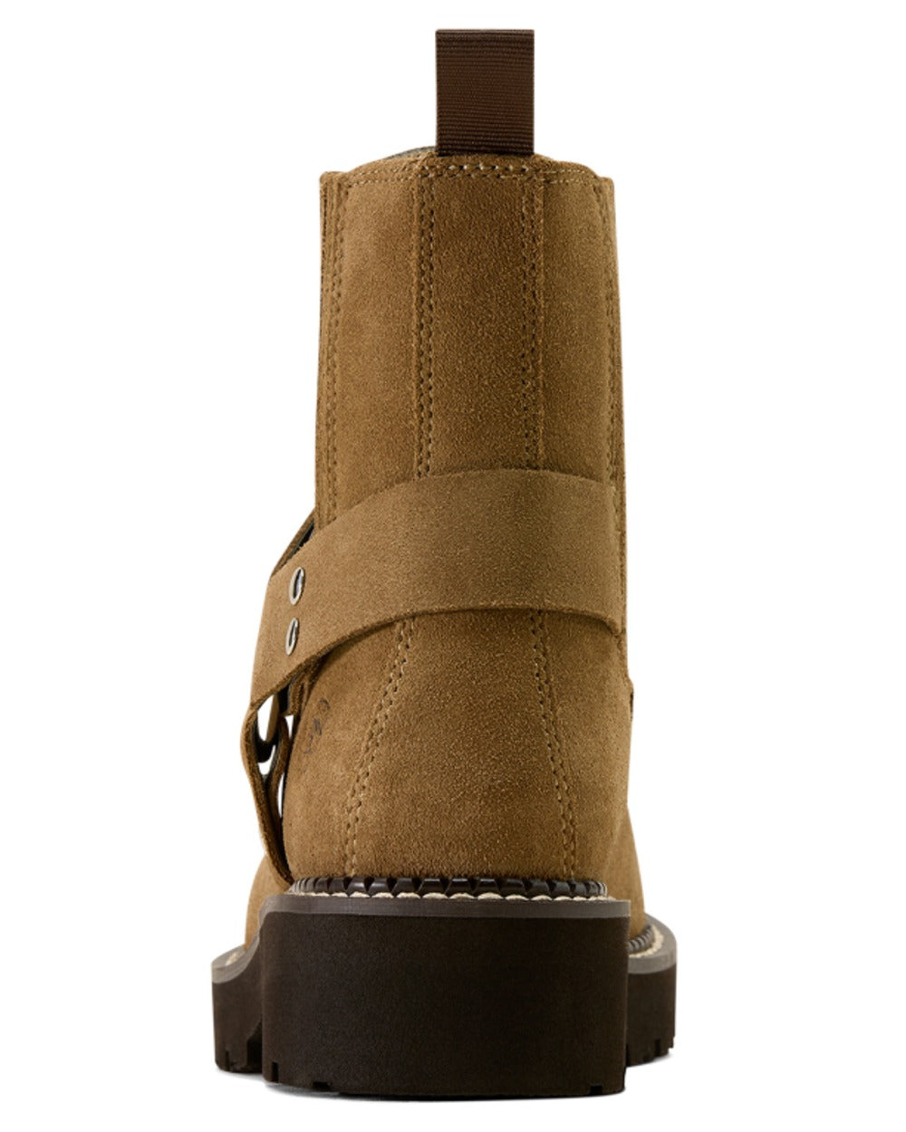 Tan Suede coloured Ariat Womens Fatbaby Chelsea Harness Western Boots on white background 