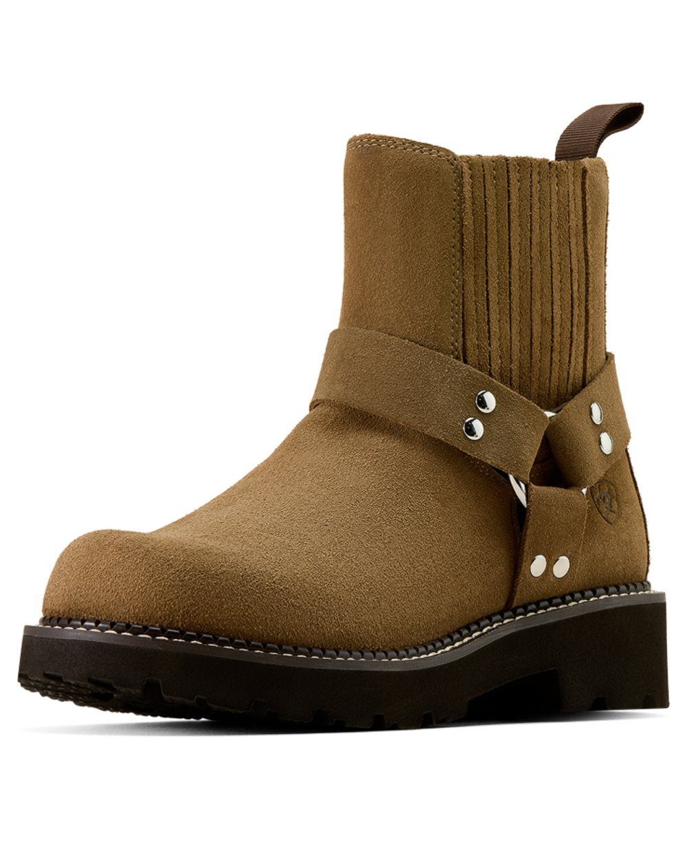 Tan Suede coloured Ariat Womens Fatbaby Chelsea Harness Western Boots on white background 