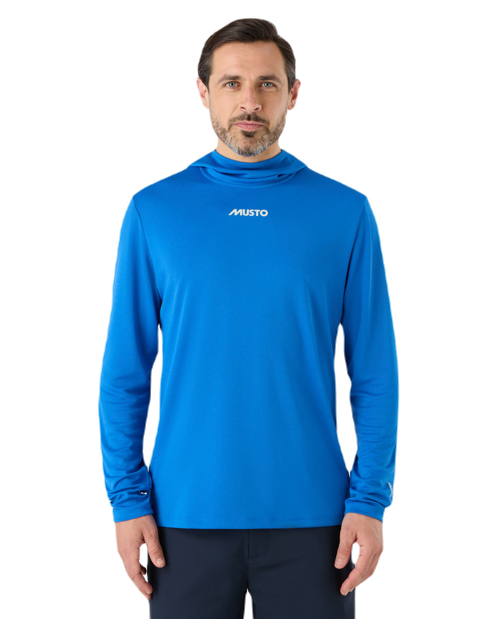 Aruba Blue Coloured Musto Mens Evolution Sunblock Fast Dry Hoodie On A White Background 