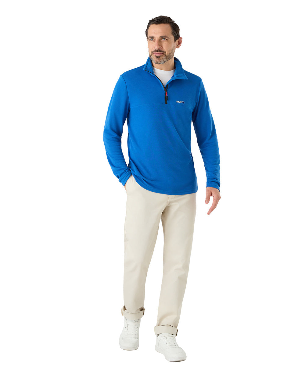 Aruba Blue Coloured Musto Mens Fast Dry Half Zip Top On A White Background 