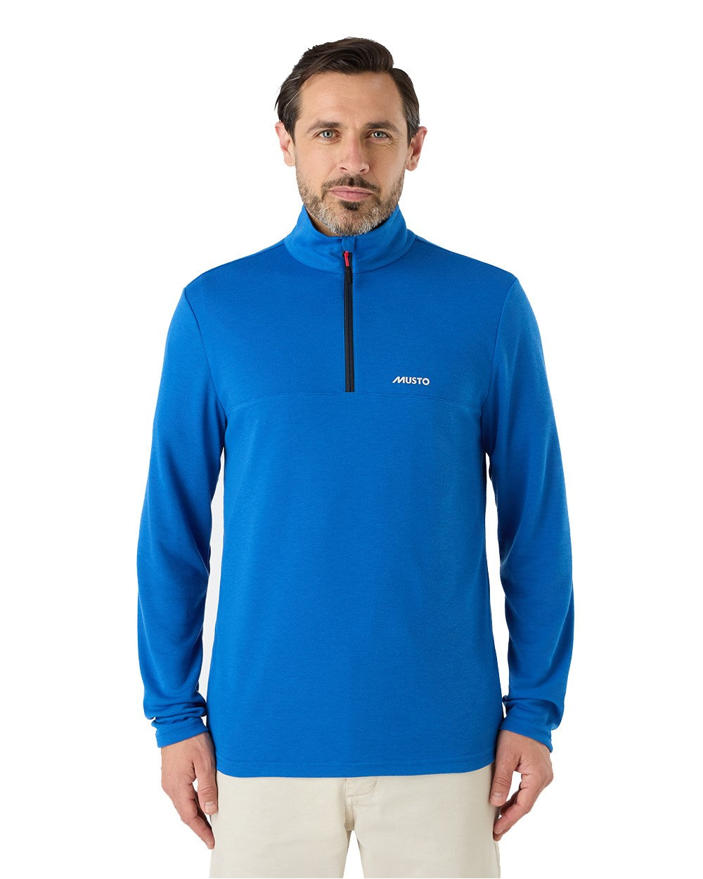 Aruba Blue Coloured Musto Mens Fast Dry Half Zip Top On A White Background 