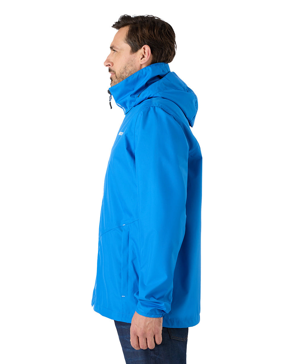 Aruba Blue Coloured Musto Mens Nautic Rain Jacket On A White Background 