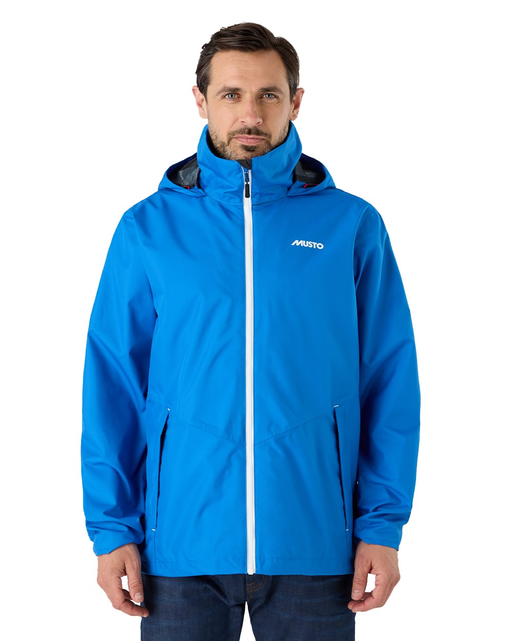 Aruba Blue Coloured Musto Mens Nautic Rain Jacket On A White Background 